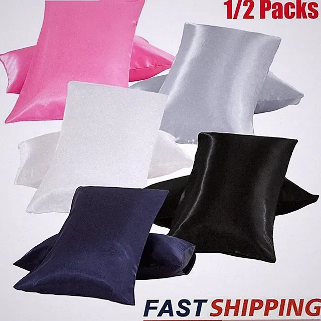 1/2Pcs Satin Silk Pillowcase Soft Bedding Standard Queen King Size Pillow Cover