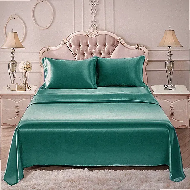 4Pcs Satin Silk Sheet Set Bed Fitted Sheet w/ Pillowcase Wrinkle Free Full Size
