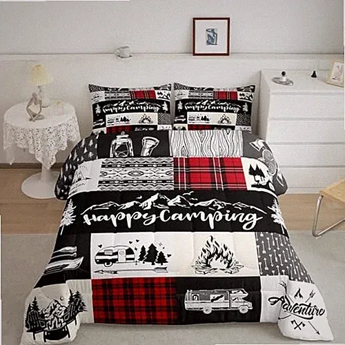 Camping Camper Comforter Set Size,RV Inside Decor Rustic King Camping 04