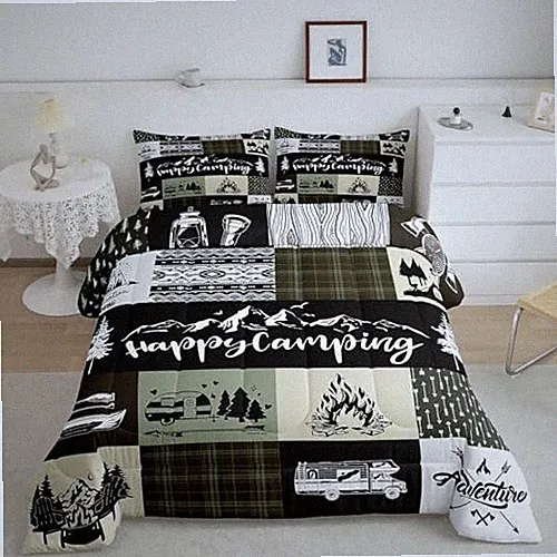Camping Camper Size Comforter Set,RV Inside Decor Rustic Full Camping 06