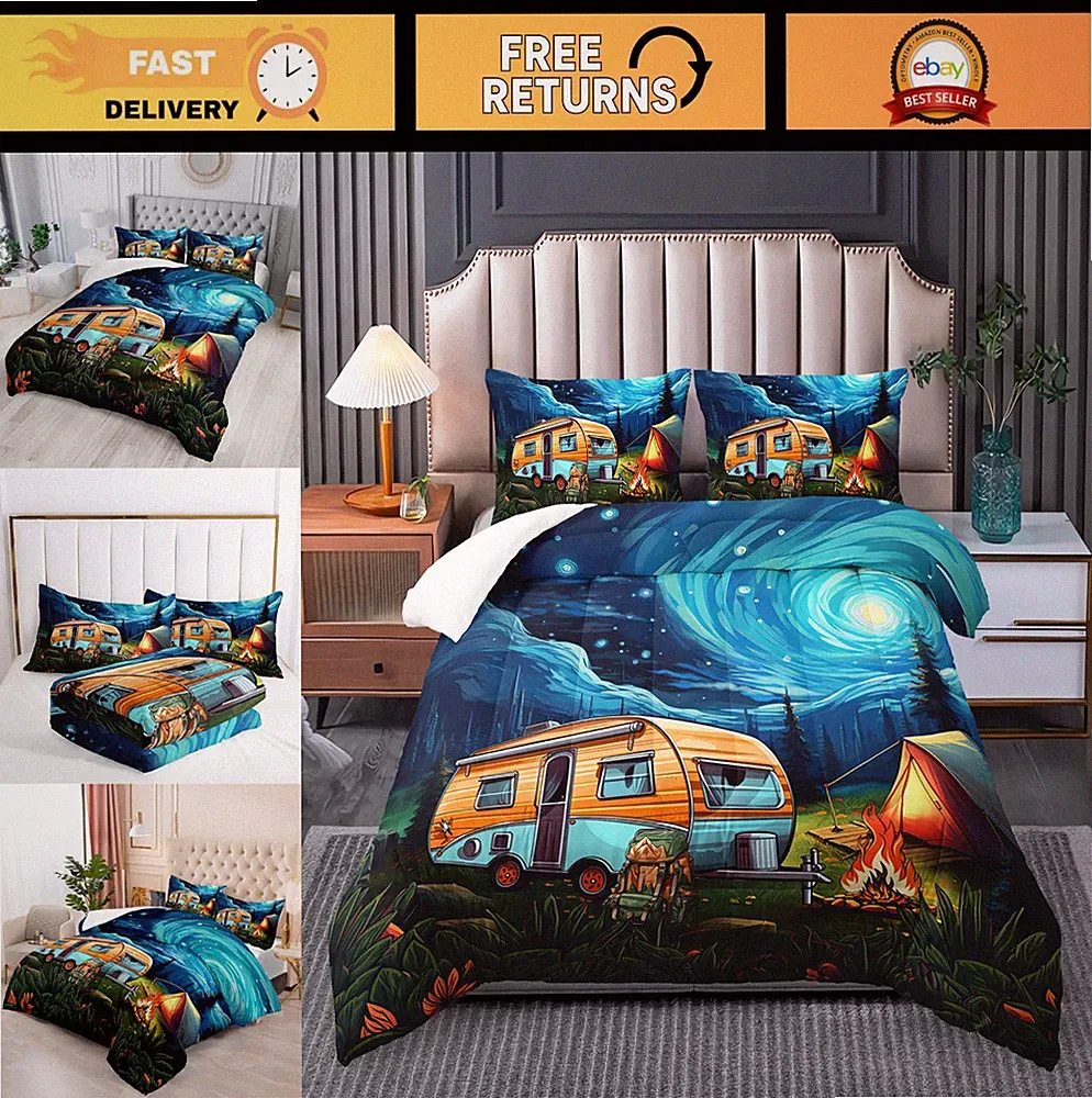 Camping Theme Full Quilt Bedding Set - Rustic Boho Comforter for RV & Camper