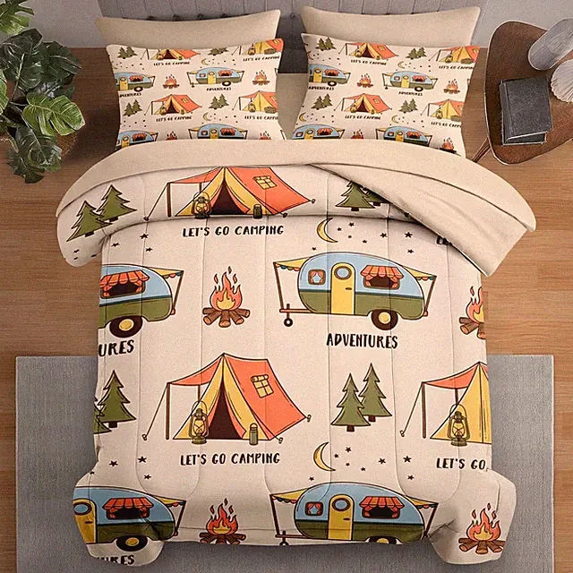 Comforter Set Twin Size, Summer Camp RV 5 Pcs Bedding for Kids and Adults, Campi
