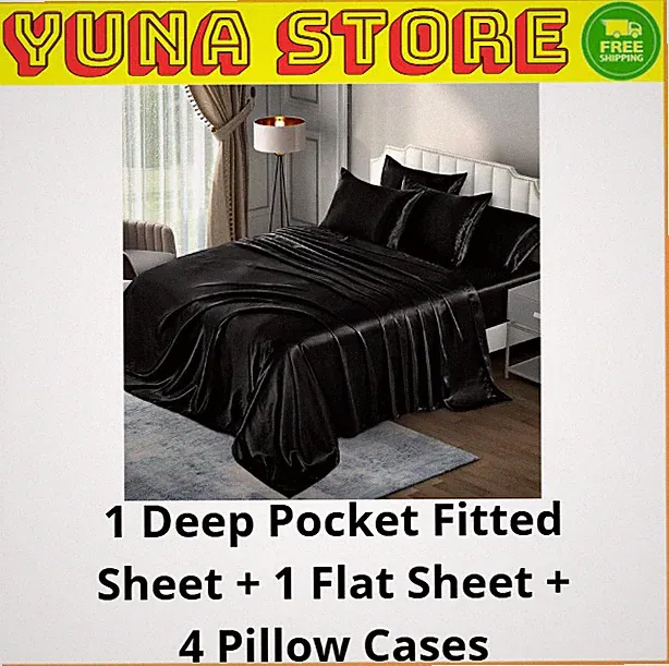 Elegant 6-Piece Black Satin Queen Bedding Set with Pillowcases - Smooth Comfort