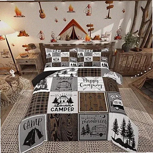 Happy Camping Comforter Set,Rv Camper Bedding Set for Queen Dark Brown Grey