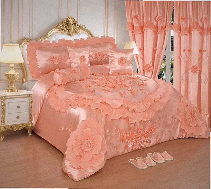 Lilian Collection Comforter Set Satin Floral w/ Pillowcases Cushions Slippers