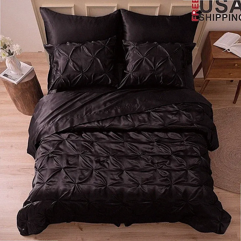 Luxury 7 Piece Satin Bedding Set Comforter Fitted Flat Sheet Pillowcases Shams
