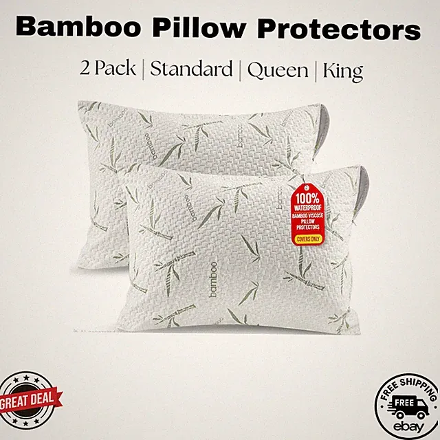 Premium Bamboo Pillow Protectors 2 Pack | Waterproof + Cooling | Zippered Covers
