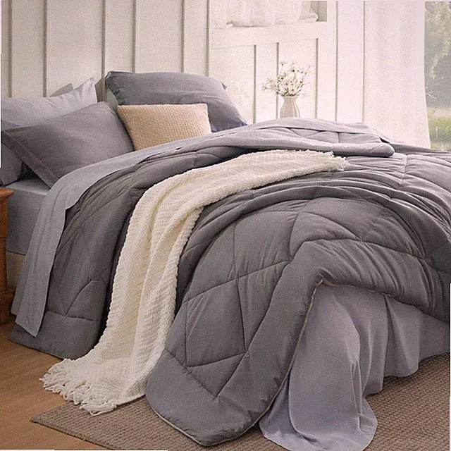 Queen Bedding Set Gift - 7 Piece Grey Comforter with Sheets Pillows