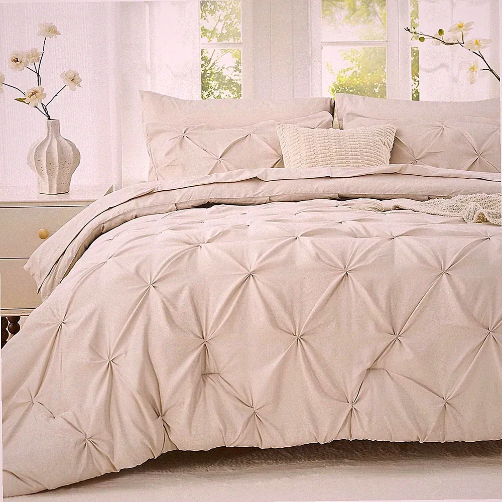 Queen Size 7-Pc Bedding Set, Pintuck Design, Comforter Sheet Pillowcases, Beige