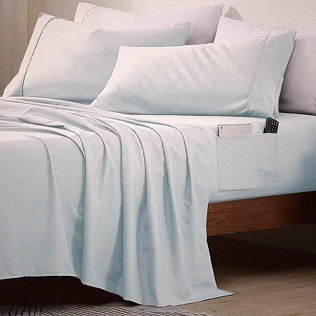 Queen Size Microfiber Sheet Set with 8 In. Double Storage Side Pockets, Aqua