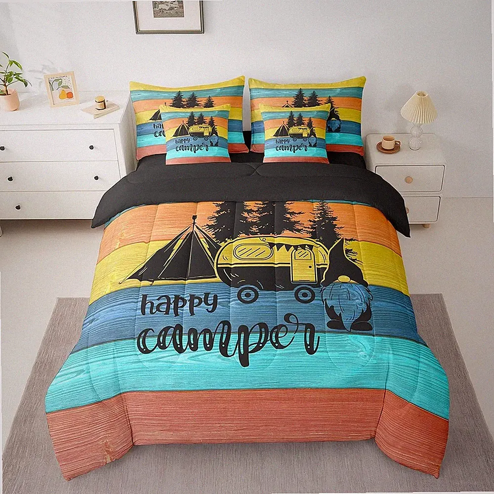 Rv Camper Comforter Set with Sheets, Happy Camping 7 Piece Bedding Set Queen Siz