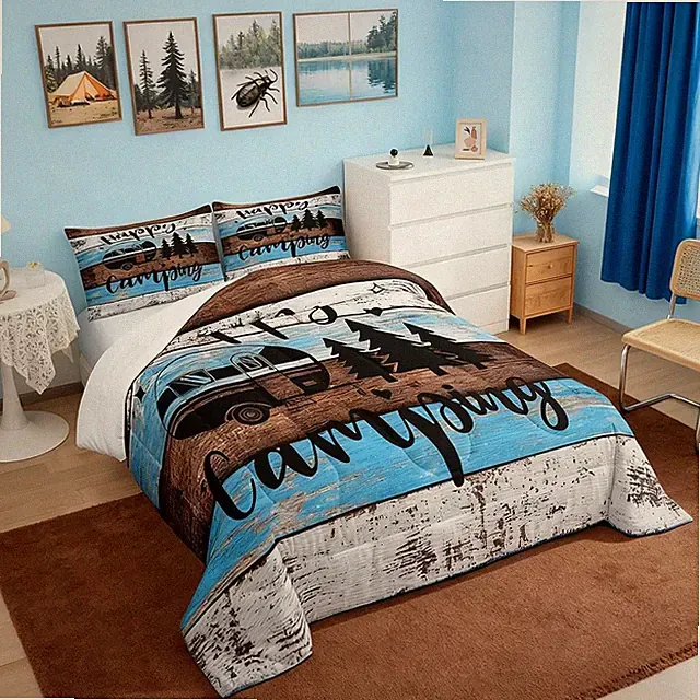 RV Camper Queen Comforter Set: Happy Camping Wild Adventure, Soft, Easy Care