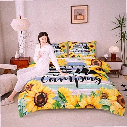 RV Trailer Camping Comforter Set Size,Country Black Sketch Queen Camper