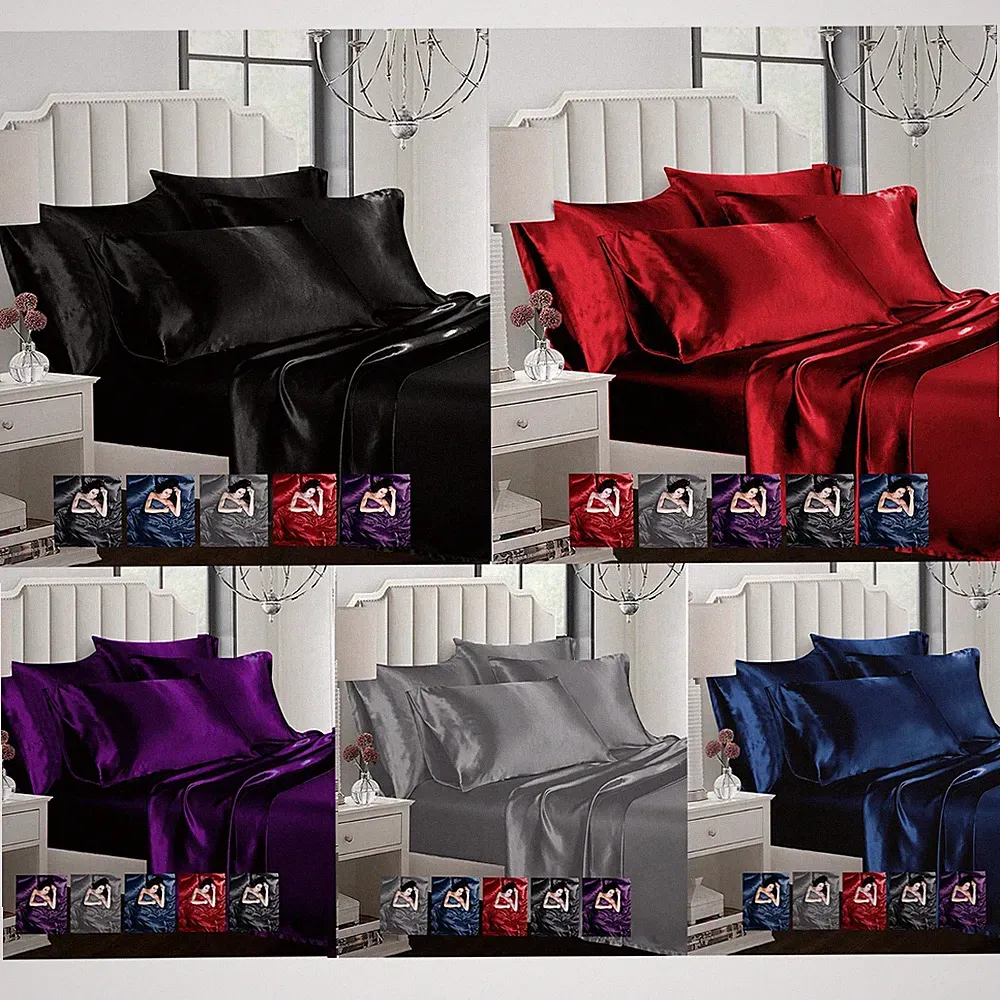 Satin 6pcs Silky Bedding Set Queen/King Duvet Cover Fitted Sheet & 4 Pillowcases
