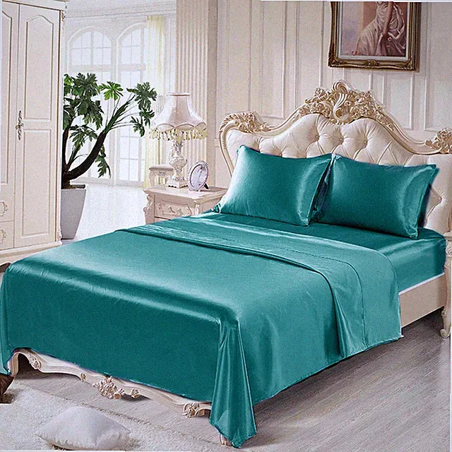 Satin Silky Sheet Set Smooth Deep Pocket Bed Flat Fitted Sheet with Pillowcase