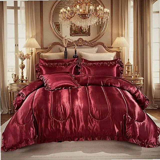 Silk Like Satin Comforter Set with Sheet Set King 8 Pcs Burgundy Satin Bedding S