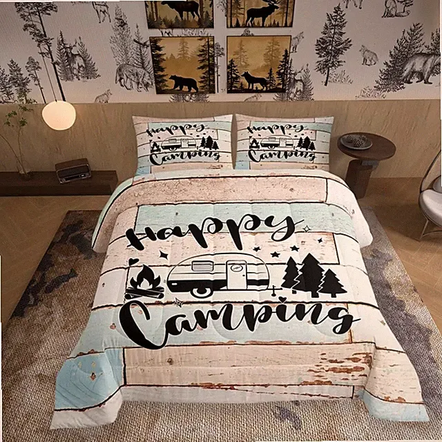 Twin Camper RV Comforter Set 2-Piece Vintage Wooden Plank Bedding Set